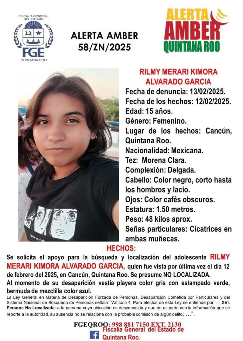 ACTIVAN ALERTA AMBER POR RILMY MERARI, ADOLESCENTE DESAPARECIDA EN CANCÚN