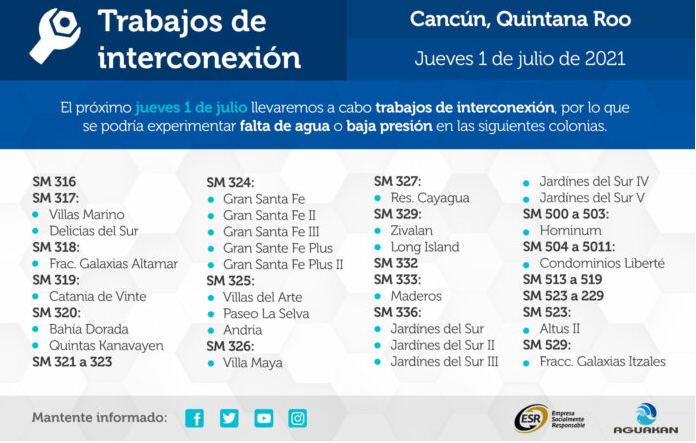 Anuncia Aguakan posible afectación por trabajos de interconexión en Cancún
