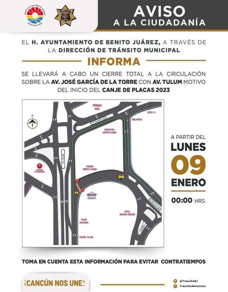 ANUNCIA DIRECCIÓN DE TRÁNSITO CIERRE DE VIALIDADES EN CANCÚN