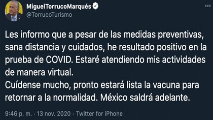 “Cuídense mucho”: Miguel Torruco, secretario de Turismo, dio positivo a COVID-19