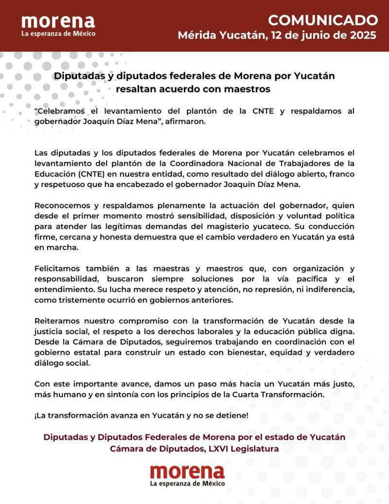 Diputadas y diputados federales de Morena por Yucatán resaltan acuerdo con maestros