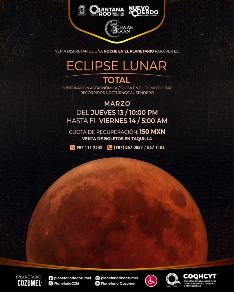 Invita COQHCYT a la observación nocturna del eclipse total de luna en su red de planetarios