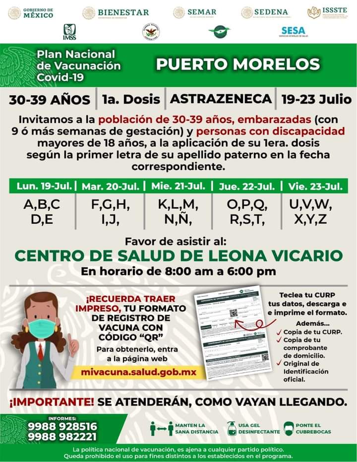 Jornada de vacunación contra Covid-19 para personas de 30 a 39 años en Puerto Morelos