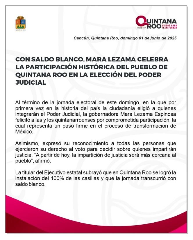 Con saldo blanco, Mara Lezama celebra la participación histórica del pueblo de Quintana Roo en la elección del Poder Judicial
