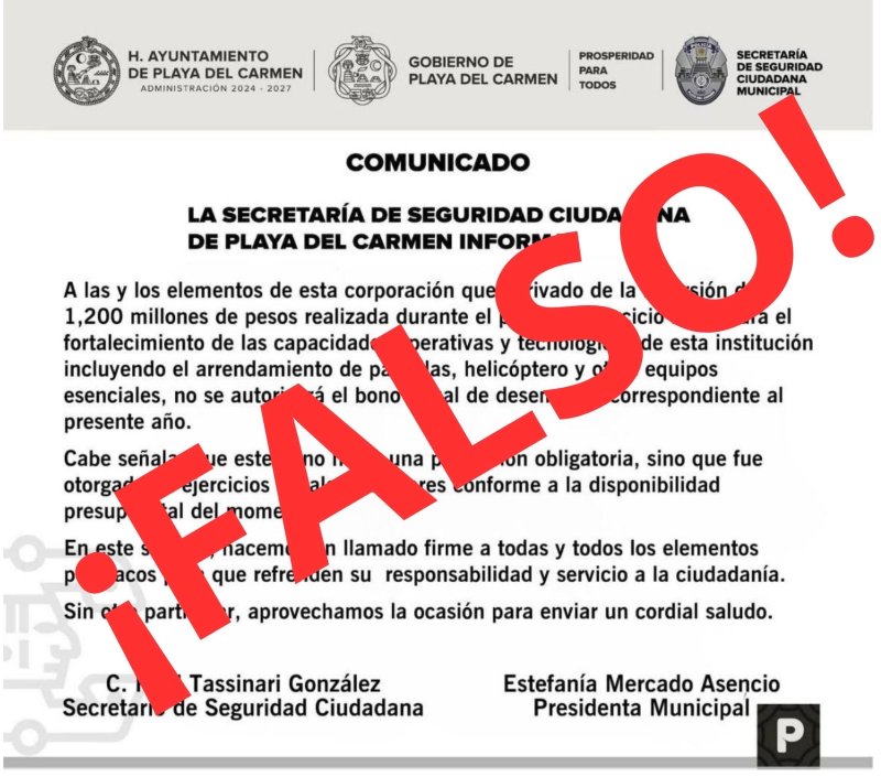 Circula en redes sociales, a través de páginas apócrifas, un comunicado falso atribuido al Ayuntamiento de Playa del Carmen.