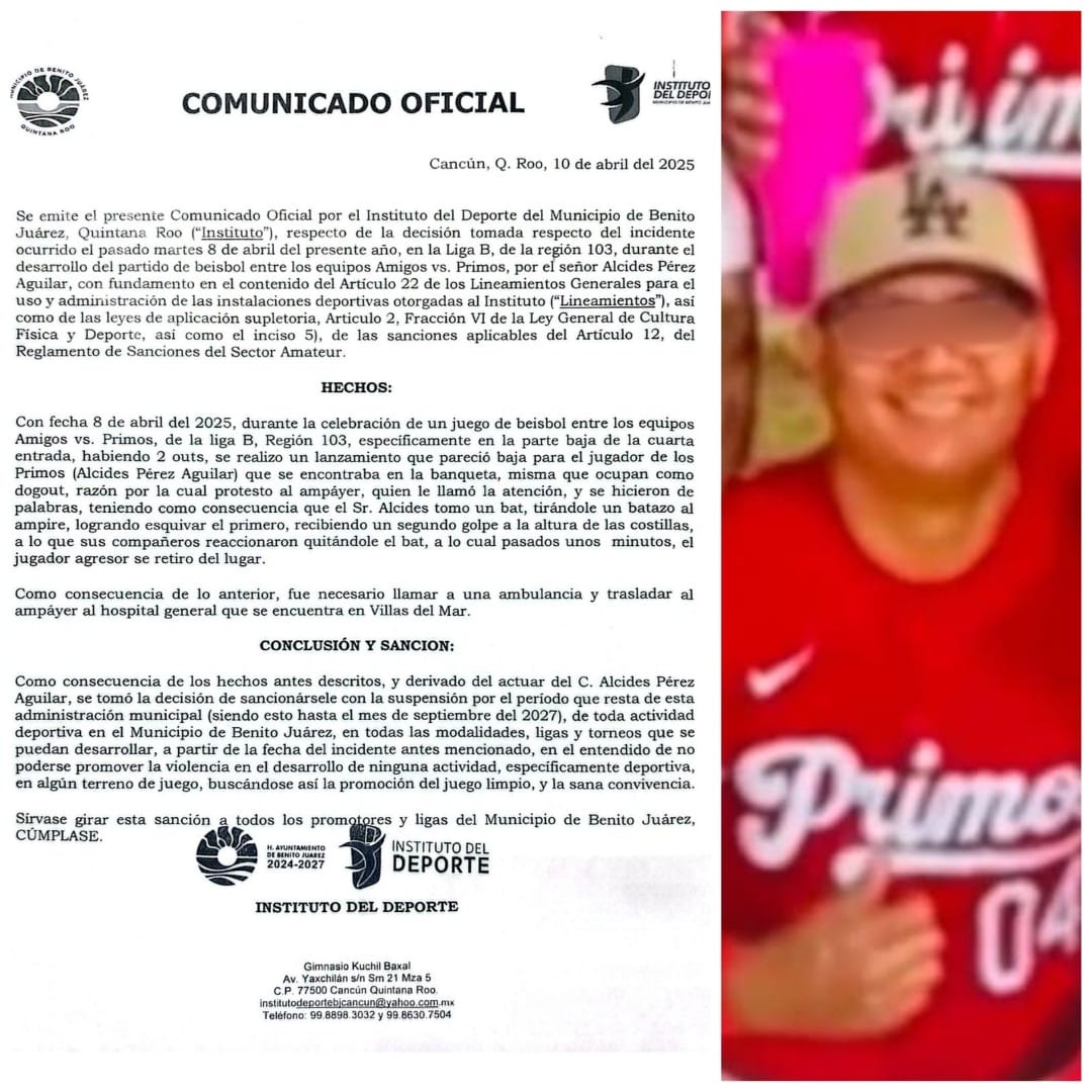 Sancionan con suspensión definitiva de todas actividades deportivas al agresor del ampáyer que resultó con las costillas rotas tras recibir batazos durante un partido de softbol en la región 103