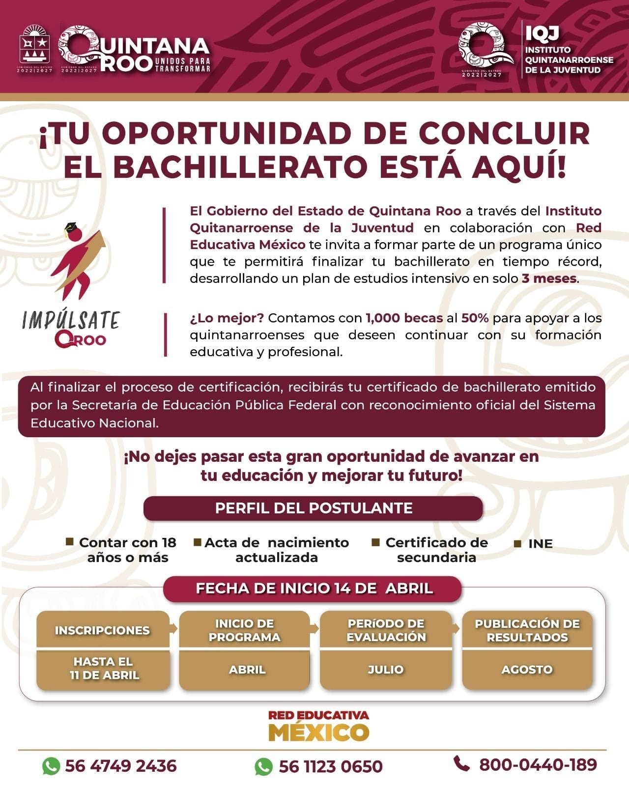 Invita IQJ a personas mayores de 18 años a concluir su bachillerato mediante el programa “Impúlsate Quintana Roo”