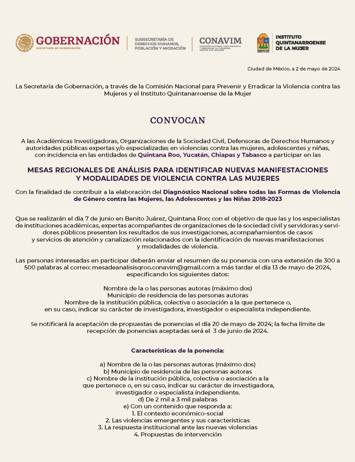 Convocan a participar en las Mesas Regionales de Análisis para Identificar Nuevas Manifestaciones y Modalidades de Violencia Contra las Mujeres