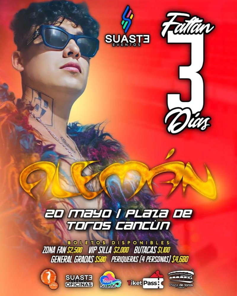 Inicia la cuenta regresiva🧮 estamos a 03 días para que una vez más Eventos Suaste haga estallar 💥 la Plaza de Toros Cancun con la presencia de :
