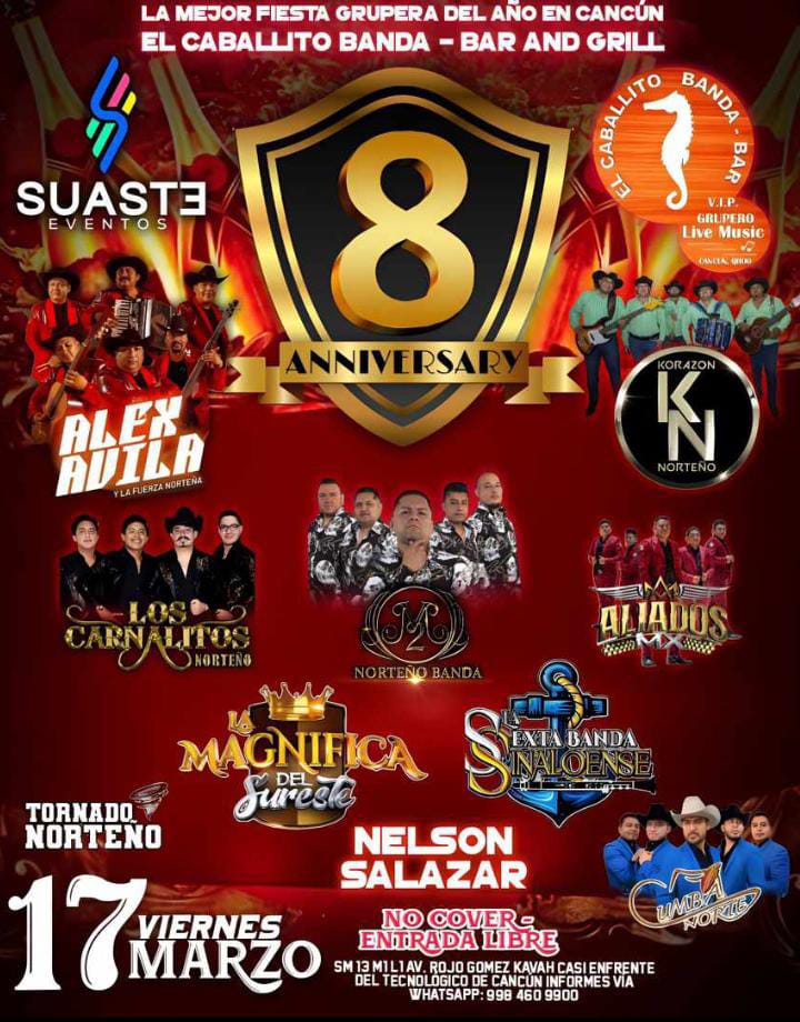 Mi raza 🤠 el mejor lugar 👌🏽de Cancún 🏝️ merece un festejo en grande 🎉🪗por eso te queremos invitar a una 🎺ES PEC TA CU LAR 🎷 fiesta grupera para celebrar el #8voAniversario 🎊🎉del nuevo 👉👉👉. 🎂🍰Caballito Banda Bar and Grill🐴