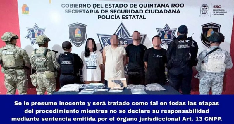 Detienen a tres hombres y una mujer con droga y arma en Cancún