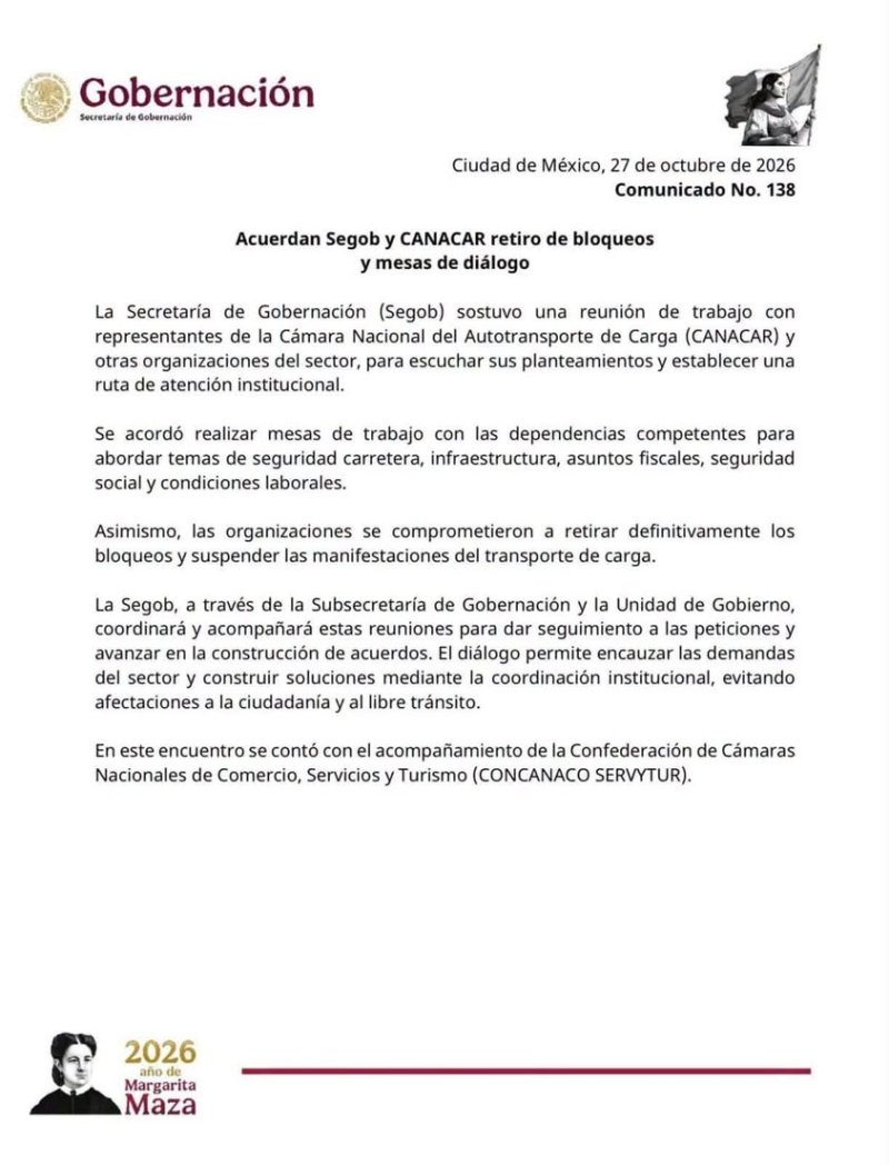 ¡SE ACABAN LOS BLOQUEOS! SEGOB Y TRANSPORTISTAS ACUERDAN ABRIR MESAS DE DIÁLOGO Tras las afectaciones provocadas por las...